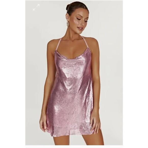 Meshki Glomesh Cowl Mini Dress Blush Pink Diamante Womens New Small - Picture 3 of 16